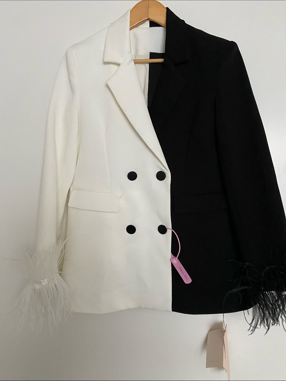 Two-Tone Black White Ivory Detachable Feather Cuff Double-Breasted Blazer NWT L